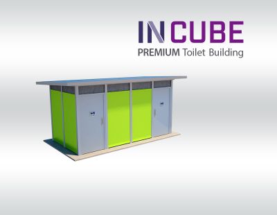 Incube modern toilet building us available in a range of material colour finished.